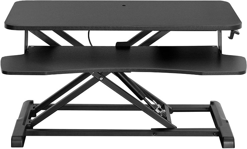 Photo 1 of  Standing 32 inch Desk Converter, Height Adjustable Riser, Sit to Stand Dual Monitor and Laptop Workstation with Wide Keyboard Tray, Black, DESK-V000K
