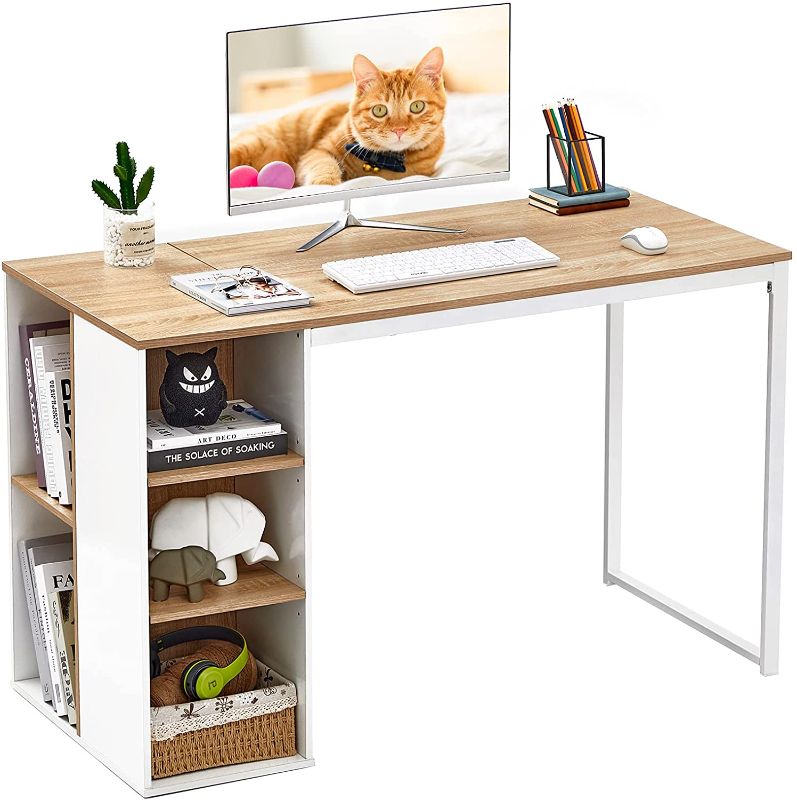 Photo 1 of Computer Desk with Storage Shelves 47” White Office Desk with Drawers Small Kids Writing Desk Student Study Table Modern Wood Pc Laptop Gaming Desk for Home Work, Splicing Oak with Metal Legs
