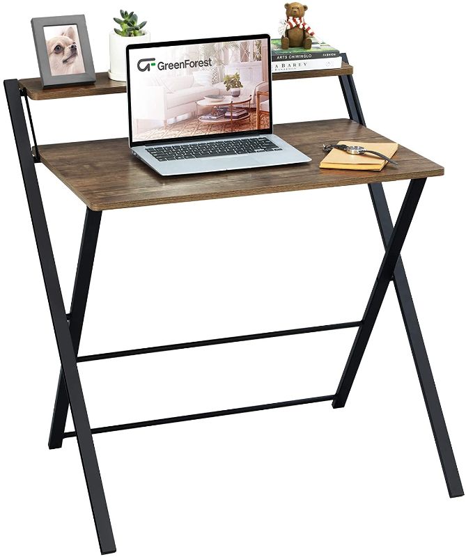 Photo 2 of GreenForest Folding Desk No Assembly Required, 2-Tier Small Computer Desk with Shelf Space Saving Foldable Table for Small Spaces, Espresso
