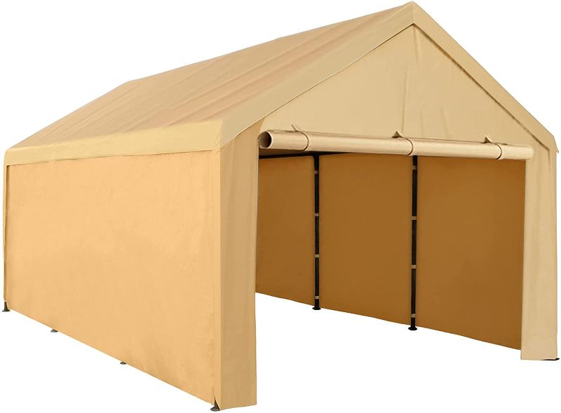 Photo 1 of Abba Patio 10 x 20 ft Carport Heavy Duty Carport with Removable Sidewalls & Doors Portable Garage Extra Large Car Canopy for Auto, Boat, Party, Wedding, Market stall, with 8 Legs, Khaki
