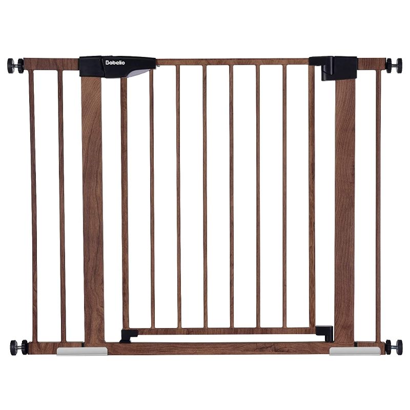 Photo 1 of Babelio Metal Baby Gate with Wood Pattern, 29-40" Easy Install Pressure Mounted Dog Gate, No Drilling, No Tools Required, Ideal for Stairs and Doorways, with Wall Protectors and Extenders