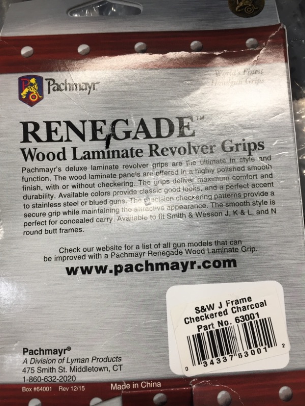 Photo 1 of Pachmayr 63001 Renegade Wood Laminate Pistol Grips, Smith & Wesson J Frame, Charcoal Silvertone, Checkered
