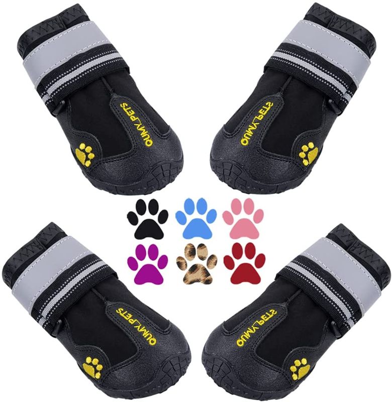 Photo 1 of QUMY Dog Boots Waterproof Shoes for Dogs with Reflective Strips Rugged Anti-Slip Sole Black 4PCS
