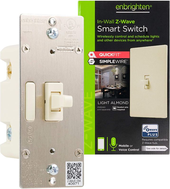 Photo 1 of Enbrighten Almond Z-Wave Plus Smart Light Switch with QuickFit and SimpleWire, 3-Way Ready, Compatible with Alexa, Google Assistant, ZWave Hub Required,...
