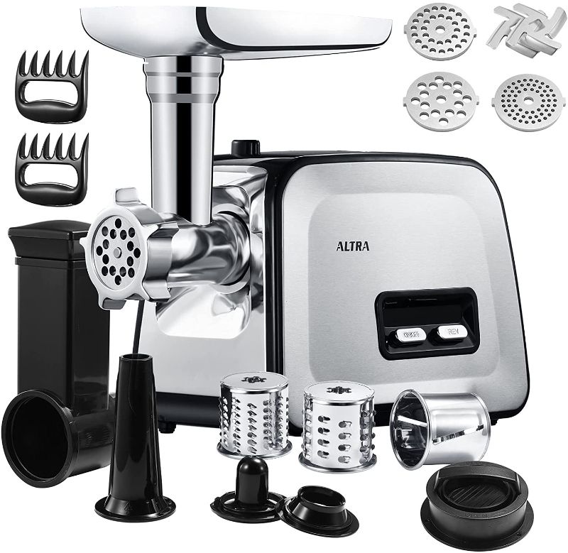 Photo 1 of Altra Electric Meat Grinder, 6-IN-1 Meat Mincer& Vegetable Slicer/Shredder& Sausage Stuffer, Burger/Slider Maker, 2 Meat Claws, Kubbe Kits, 3 S/S Plates, 2 Blades, Concealed Storage Box, Heavy Duty
