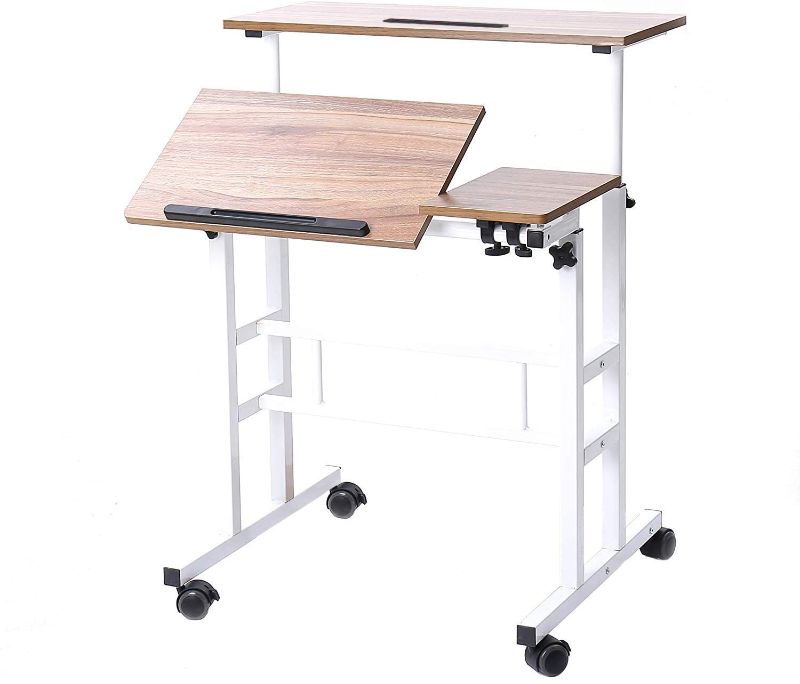 Photo 1 of DlandHome Sit-Stand Desk Cart Mobile Height-Adjustable Sit to Stand Office Desk Riser Standing Table Workstation Mobile Desk, Oak, 101-2-OK
