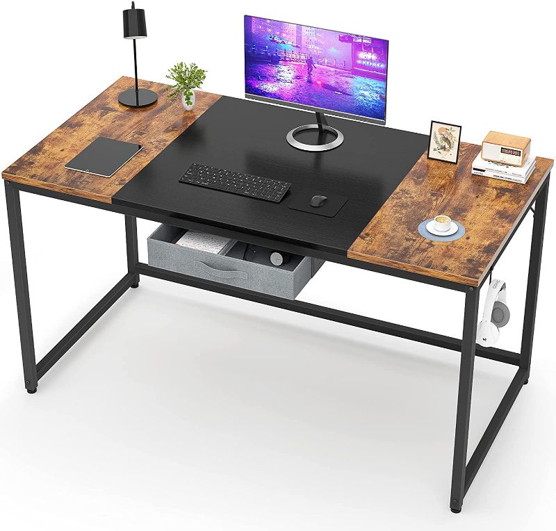 Photo 1 of Desk Computer Desk with Drawer Industrial Home Office Desk with Hook, 47 Inch Modern Simple Style Laptop PC Desk with Splice Board, Rustic and Black 
Desk dimension: 47.2”(W)*23.6"(D)*29.5”(H)