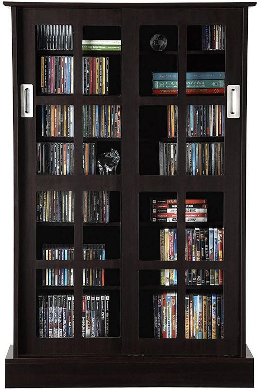 Photo 1 of Atlantic Windowpane Adjustable Media Cabinet - Tempered Glass Pane Styled Sliding Doors, Store 216 Blu-Rays,192 DVDs or 576, Adjustable Shelves, 32 X 9.5 X 49.25 inches PN94835721 in Espresso
