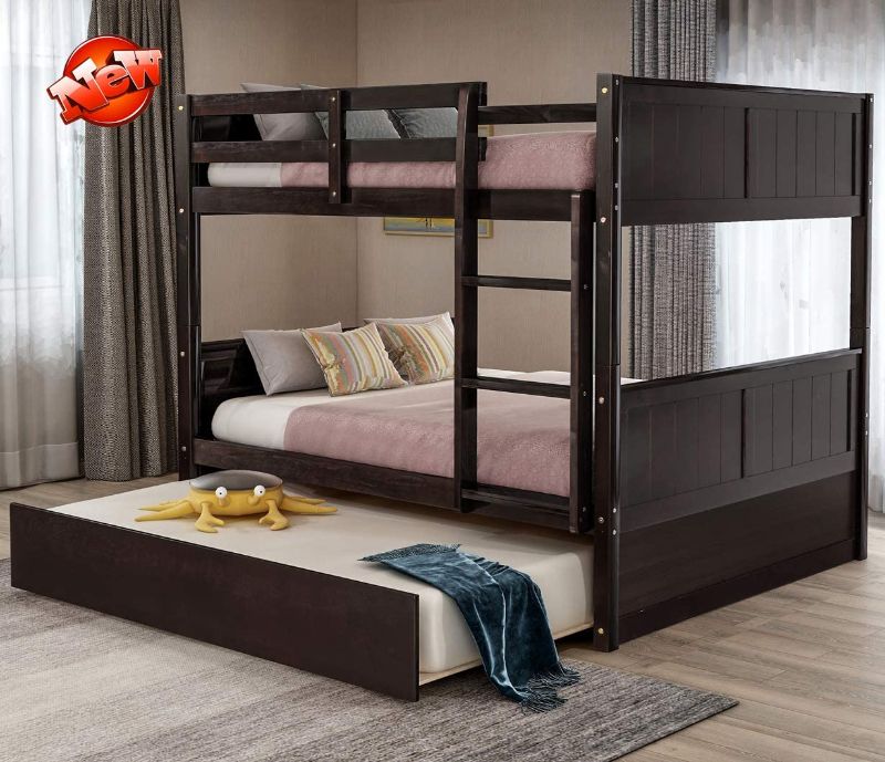 Photo 1 of INCOMPLETE MISSING BOX
LONCQKAYS Latest Version & Stronger Full Over Full Bunk Bed, Thicken Solid Pine Wood Bunk Bed Frame with Trundle, Ladders and Safety Rail for Kids Teens and Adults (Can Be Converted) (Espresso)

