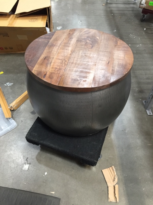 Photo 2 of Powell Hammered Silver Drum with Natural Wood Lift Top for Storage Janice Table, top is splitting
