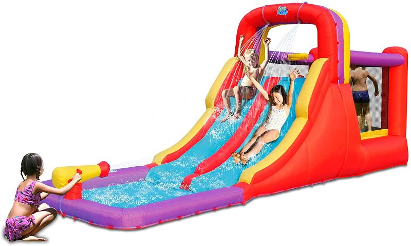 Photo 1 of Action air Inflatable Waterslide, Double Water Slide Bounce House, Water Slides for Kids Backyard, Waterslide with Water Gun & Splashing Pool, Durable Sewn with Extra Thick, Ideal for Kids (9185)