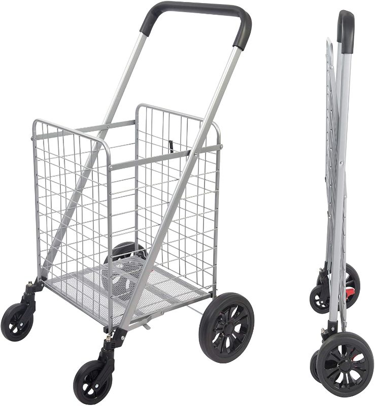 Photo 1 of Grocery Shopping Cart with Heavy Duty Swivel Wheels, Folds Flat with Wide Cushion Handle Bar, Mesh Bottom and Brake System