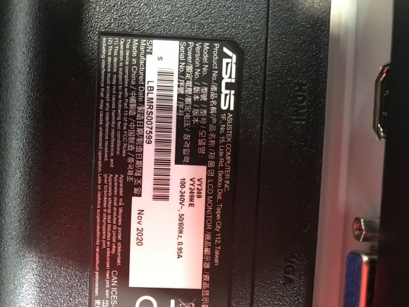 Photo 1 of ASUS VY249HE 23.8” Eye Care Monitor, 1080P Full HD, 75Hz, IPS, Adaptive-Sync/FreeSync, Eye Care Plus, Color Augmentation, Rest Reminder, Antibacterial Surface, HDMI VGA, Frameless, VESA Wall Mountable