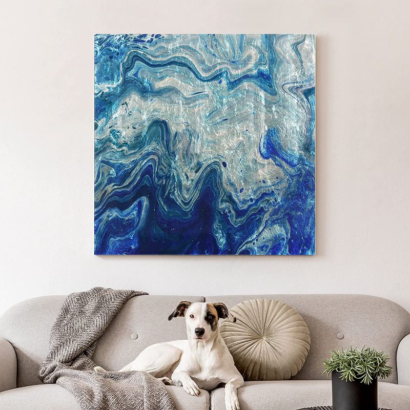 Photo 1 of Empire Art Direct Indigo Minerals Abstract Wall Art Reverse Printed on Tempered Glass Leaf Ready to Hang,Living Room,Bedroom ? Office, 38" x 38" x 0.2", Blue, Silver
