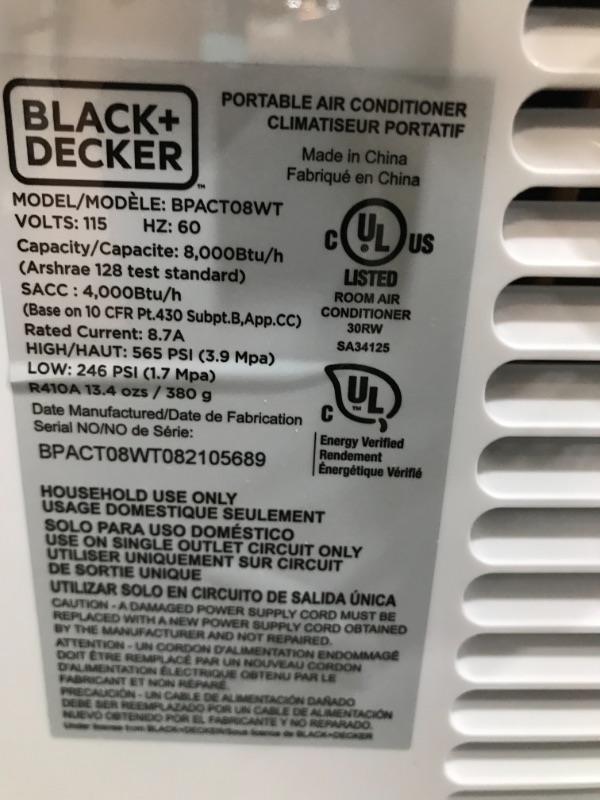 Photo 2 of Black+decker BPACT10WT 10,000 BTU Portable Air Conditioner with Remote