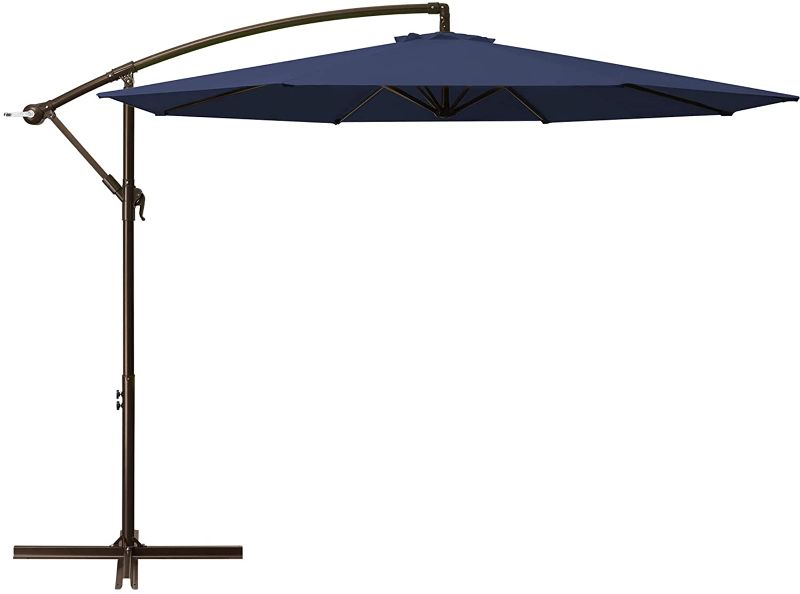 Photo 1 of 10ft Patio Offset Umbrella Cantilever Umbrella Hanging Market Umbrella Outdoor Umbrellas with Crank & Cross Base(Navy Blue)