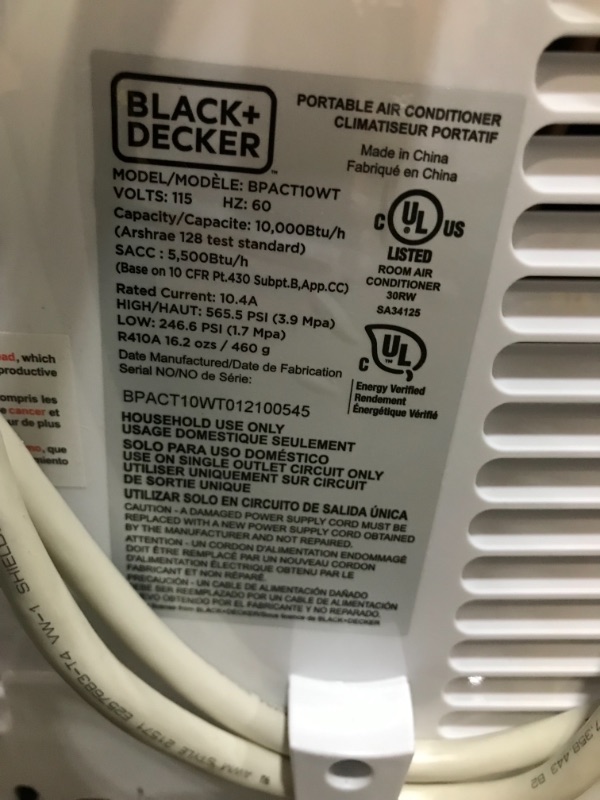 Photo 2 of Black+decker BPACT10WT 10,000 BTU Portable Air Conditioner with Remote