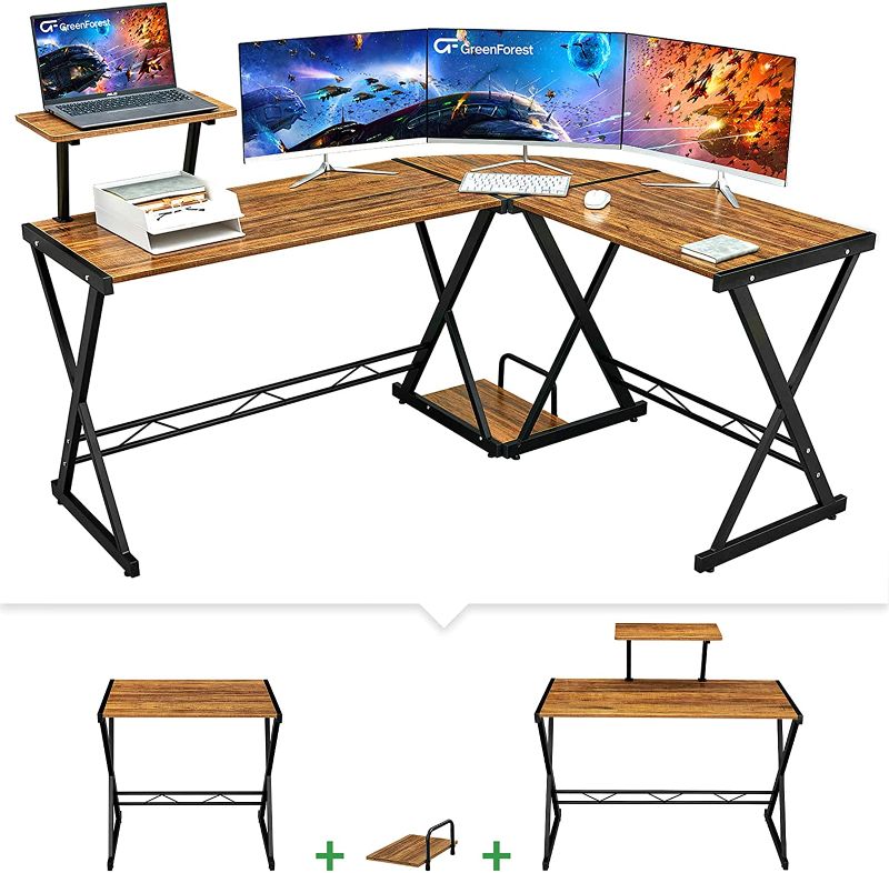 Photo 1 of GreenForest L Shaped Desk Reversible Corner Computer Desk with Movable Shelf and CPU Stand, Gaming Desk with Sturdy X Leg Space Saving Home Office Workstation Table, Walnut