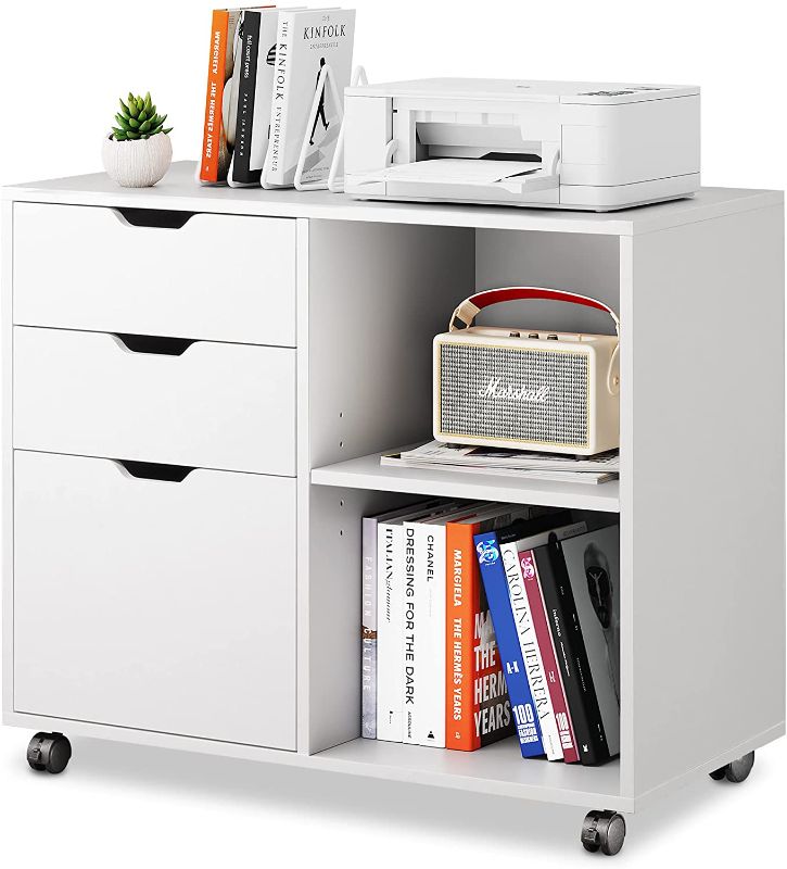 Photo 1 of DEVAISE 3-Drawer Wood File Cabinet, Mobile Lateral Filing Cabinet, Printer Stand with Open Storage Shelves for Home Office, White