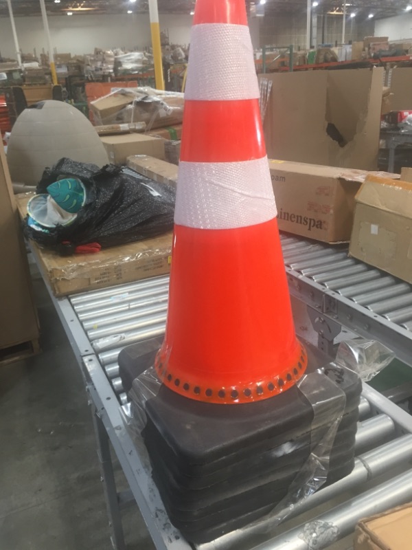 Photo 2 of [ 8 Pack ] 28" Traffic Cones Plastic Road Cone PVC Safety Road Parking Cones Weighted Hazard Base Cones Construction Cones for Traffic Fluorescent Orange w/4" w/6" Reflective Strips Collar - Cones (8)

