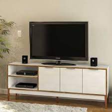 Photo 1 of 67 in. White and Light Brown Composite TV Stand Fits TVs Up to 75 in. with Storage Doors
