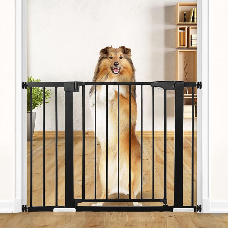 Photo 1 of 43.3 inch Dog Gate Extra Wide Tall Durable Pet Gate Easy Walk Thru Dog Fence Gate for Stairs Doorways House, Fits Openings 37.8"-43.3", Pressure Mounted, Black
