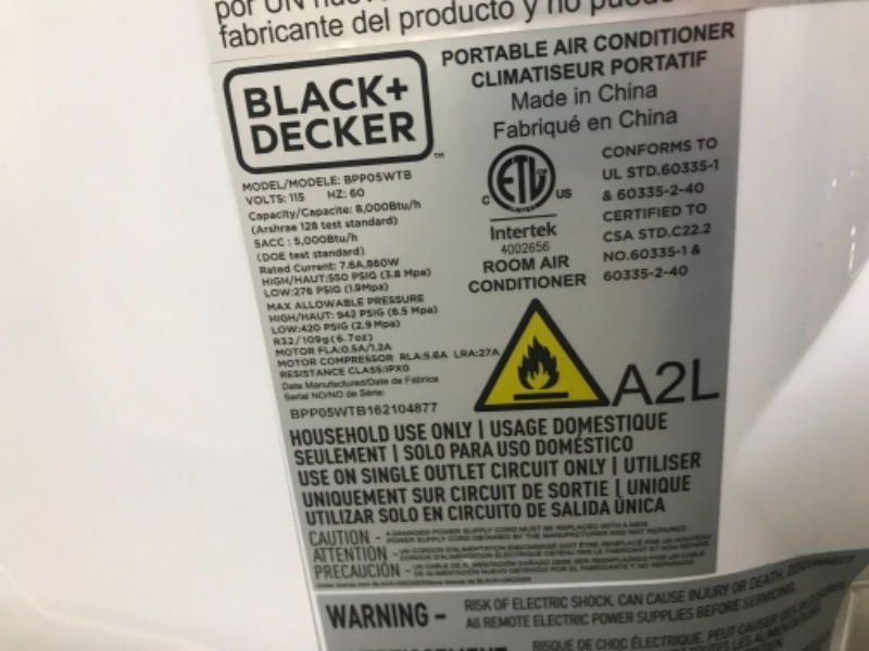 Photo 2 of BLACK+DECKER BPP05WTB Portable Air Conditioner with Remote Control, 5,000 BTU SACC/CEC (8,000 BTU ASHRAE), White
**MISSING SOME ACCESSORIES**BLOWS ICE COLD**