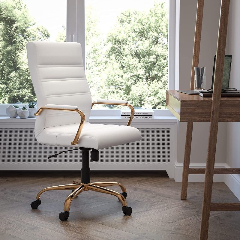 Photo 1 of Flash Furniture High Back White LeatherSoft Executive Swivel Office Chair with Gold Frame and Arms
**MISSING HARDWARE**