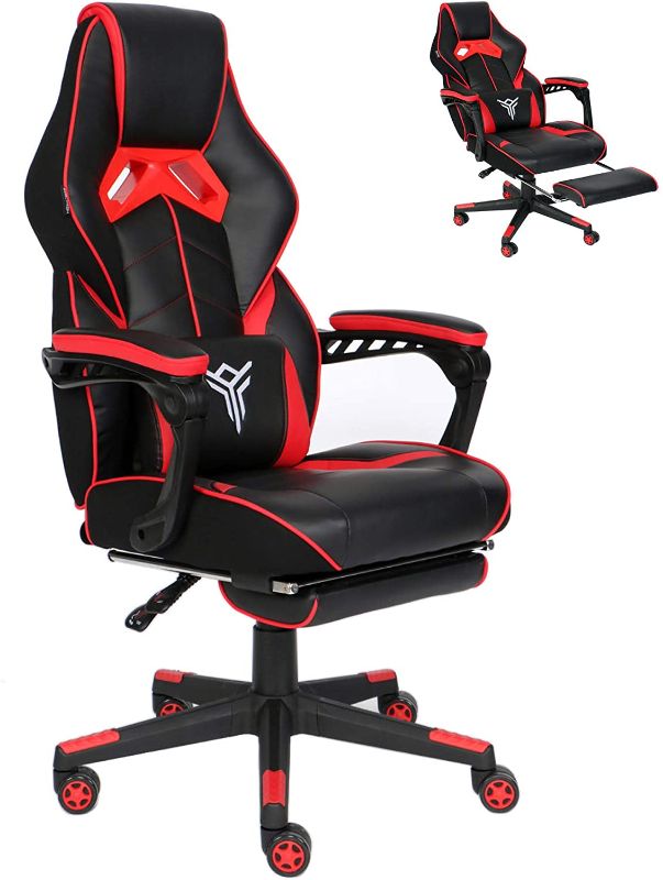 Photo 1 of Reclining Video Game Chair - Adjustable Computer Gaming Chair with Massage Lumbar Pillow and Footrest, High Back PU Leather Ergonomic Office Chair, Red
