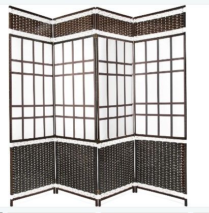 Photo 1 of Belvadora Room Divider Screen | Handmade 4 Panel Wood Mesh Black & White Woven Design | Folding Portable Partition Privacy Screen Room Separator
