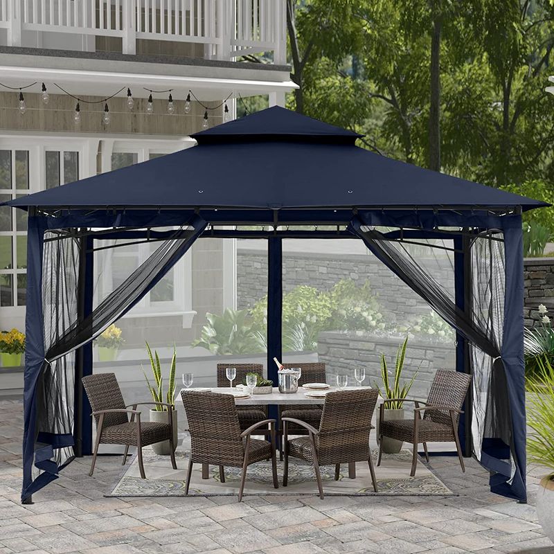 Photo 1 of 10x12 Patio Gazebo for Patio Double Roof Soft Canopy with Netting Garden Backyard Gazebo for Shade and Rain, Navy Blue
