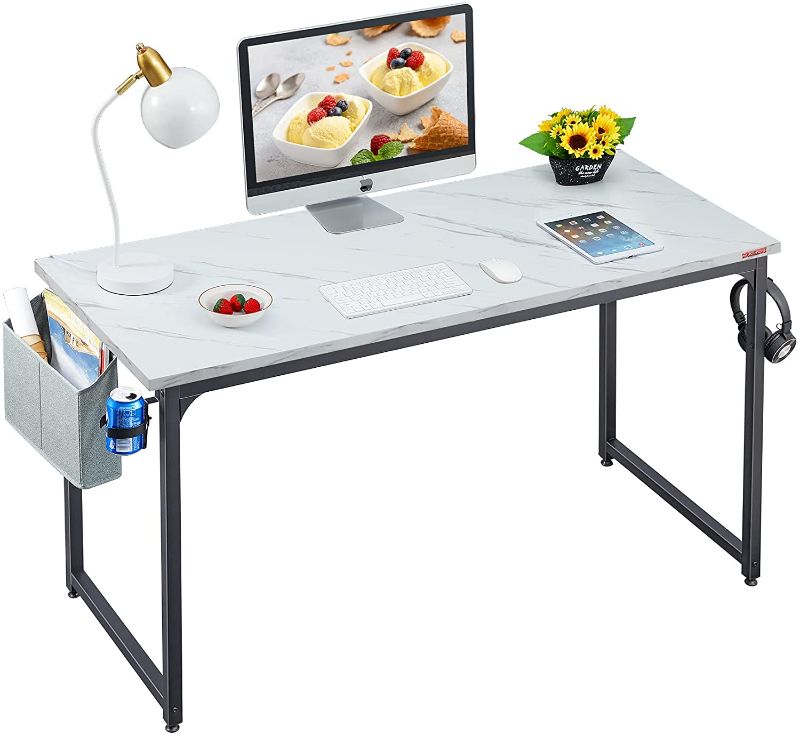 Photo 1 of Mr IRONSTONE Computer Desk 47" Home Office Writing Desk, Modern Simple Study Desk, Laptop Table with Storage Bag, Cup Holder and Headphone Hook (White Marble)
