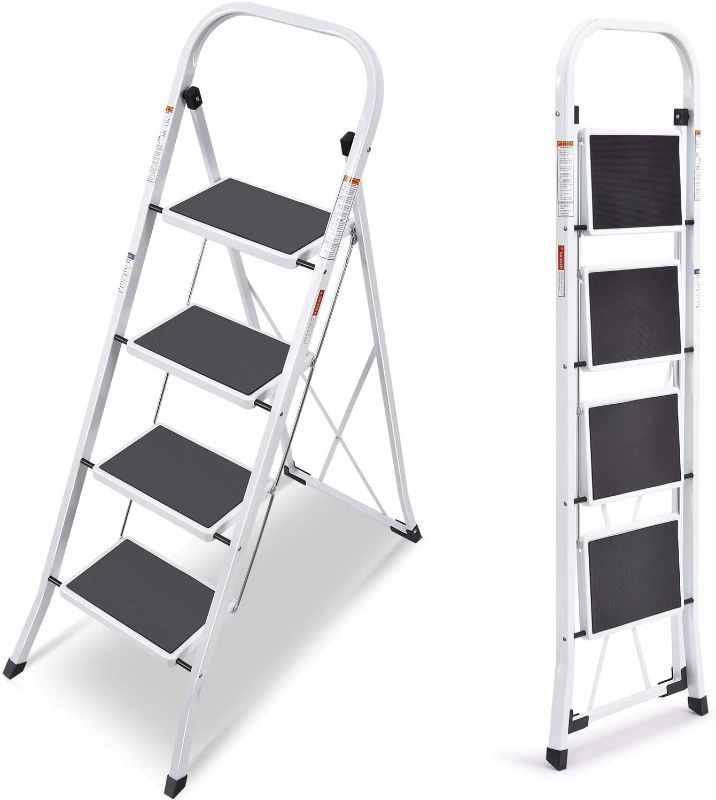 Photo 1 of 4 Step Ladder, Folding Step Stool with Handgrip, Metal Ladder with Anti-Slip Rubber Feet