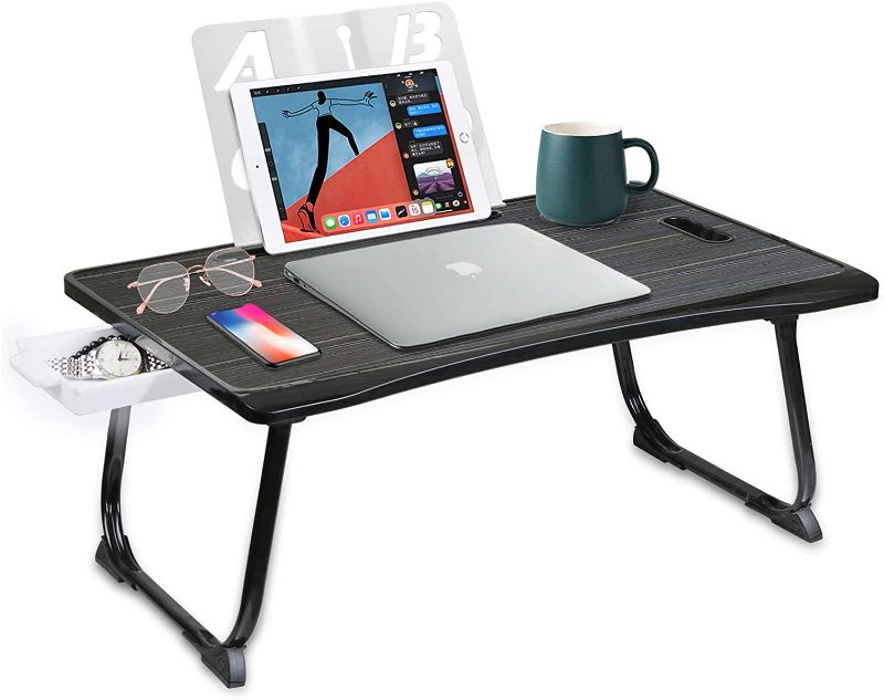 Photo 1 of Laptop Desk for Bed - Foldable Portable Bed Desk ,Lap Desk with Ipad Holder/Storage Drawer/Cup Holder/Book End/Handle, Bed Tray Table for Eating/Working/Writing/Reading, for Bed/Couch/Floor(Black)
