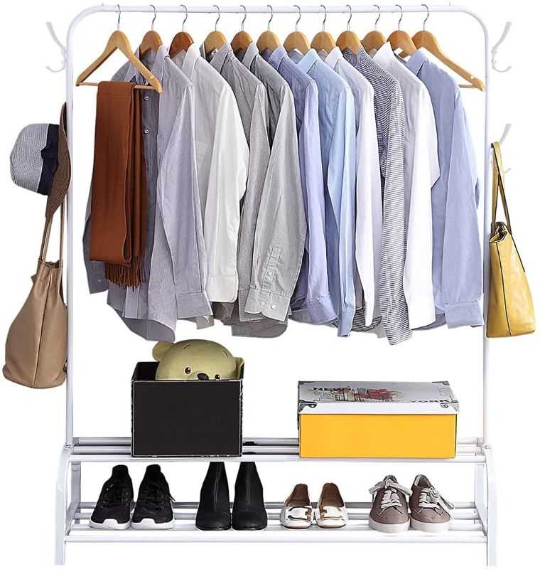 Photo 1 of Clothes Rack with Shelves, Free-standing Garment Rack, Upgrade Stable Double Deck Clothes Hanging Rack, Storage Shelf Coat Rack for Organizing Clothes and Shoes,4 Side Hooks, White
