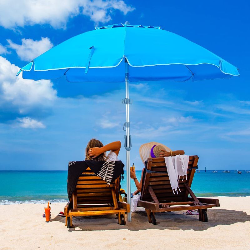 Photo 1 of 6.5ft Beach Umbrella with Sand Anchor & Tilt Mechanism, Portable UPF 100+ Protection Windproof Patio Umbrella with Carry Bag & Four Prongs Hanging Hook for Garden Beach Outdoor (Sky-Blue)