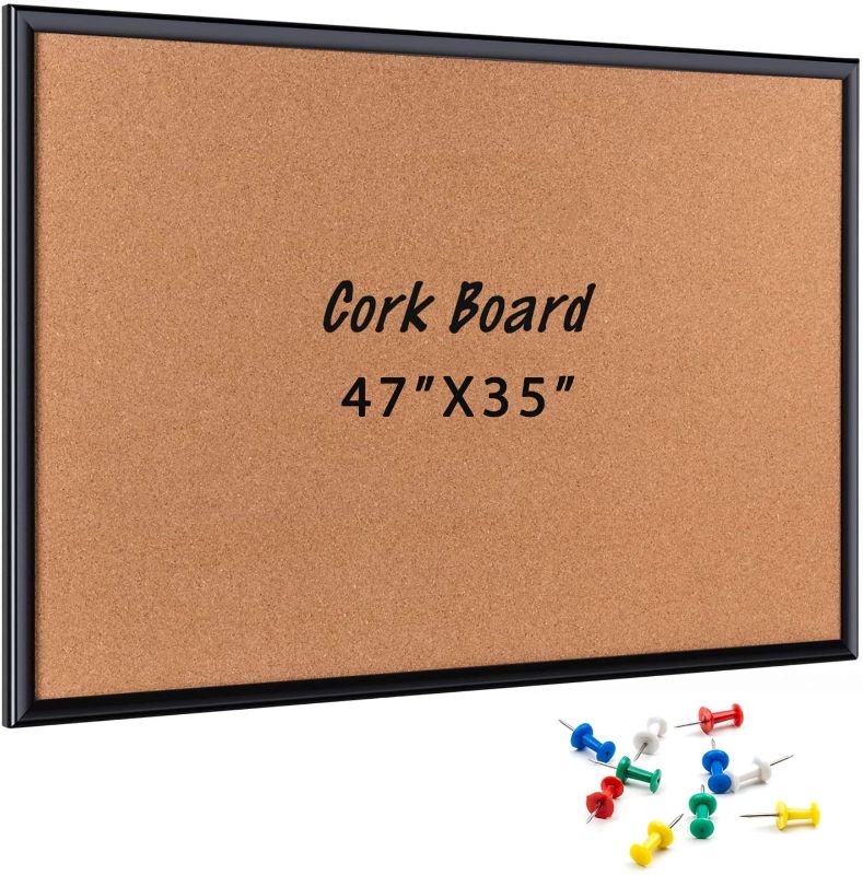 Photo 1 of ORIENTOOLS 47 x 35 Inch Cork Board with 10 Color Pins, Bulletin Board with Black Frame for Home, Office, School, Cubicle, etc.
SMALL CRACKS.