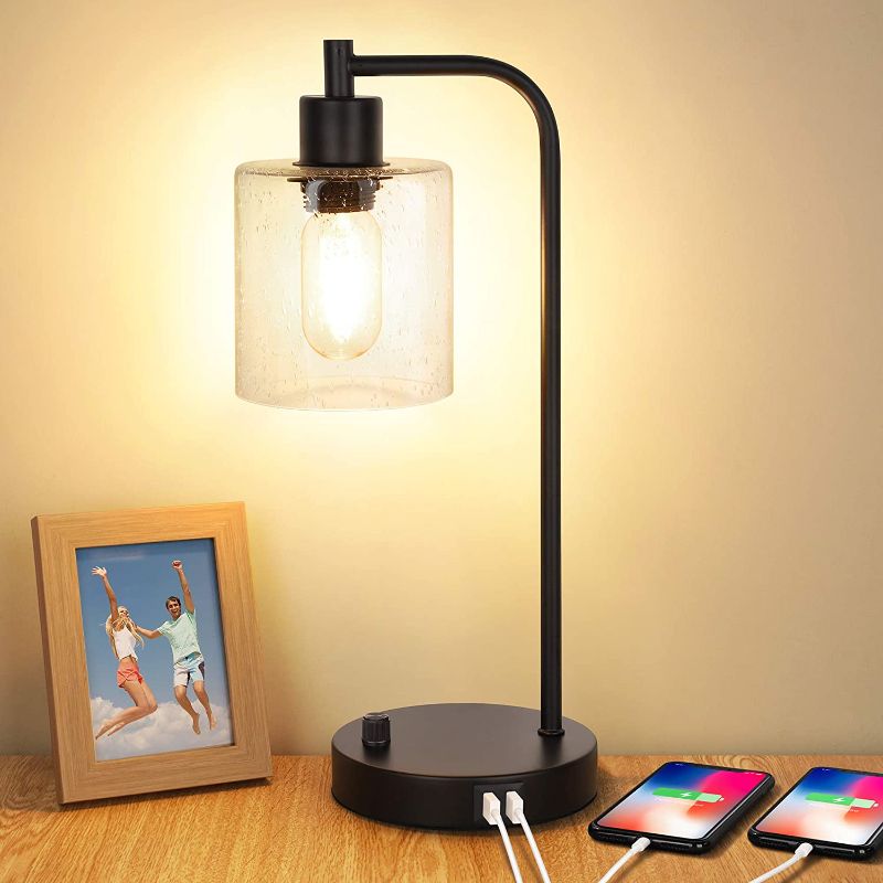 Photo 1 of Industrial Table Lamp with 2 USB Ports,Fully Stepless Dimmable Vintage Nightstand Desk Lamp, Seeded Glass Shade Bedside Reading Lamp for Bedroom, Living Room, Office, 6W 2700K LED Edison Bulb Included
