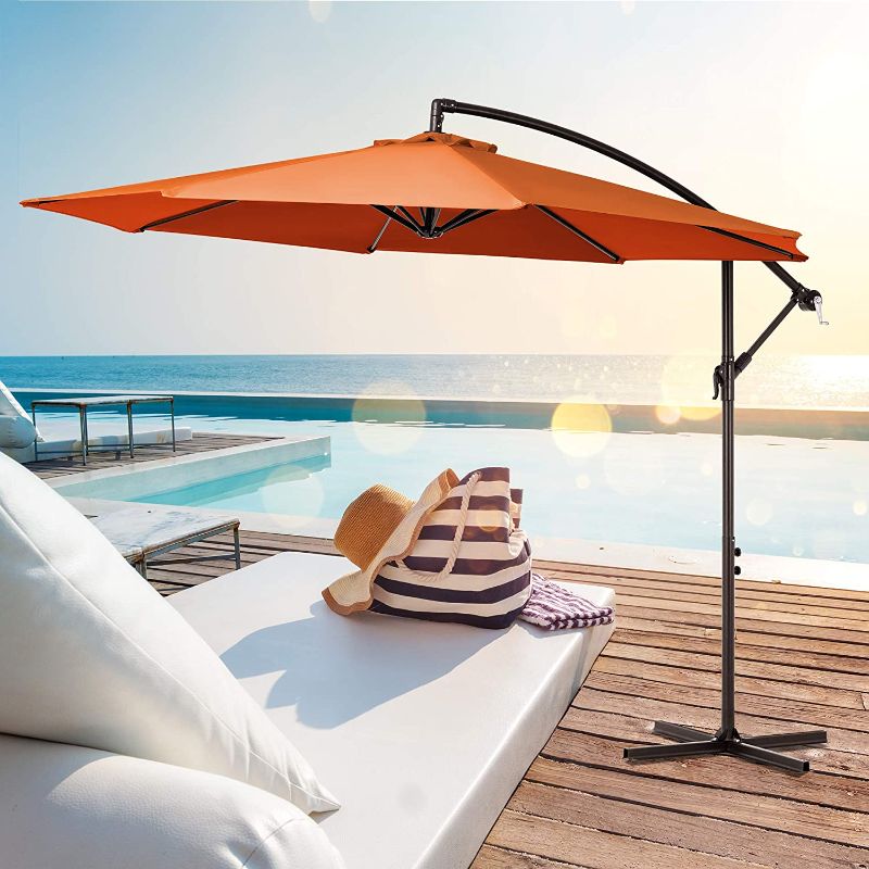 Photo 1 of  10ft Patio Offset Umbrella Outdoor Umbrellas Cantilever Umbrella Hanging Market Umbrella with Crank, Cross Base & 8 Sturdy Ribs - (Orange)