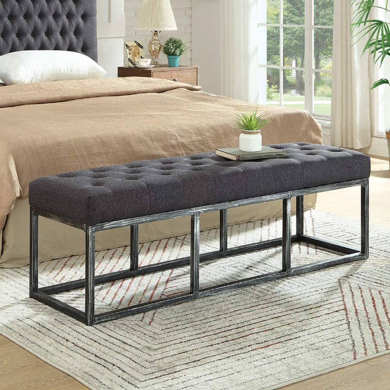 Photo 1 of 24KF Upholstered Tufted Long Bench Seats with Metal Frame Leg, Linen Bench Ottoman with Padded Seat-Dark Gray 
