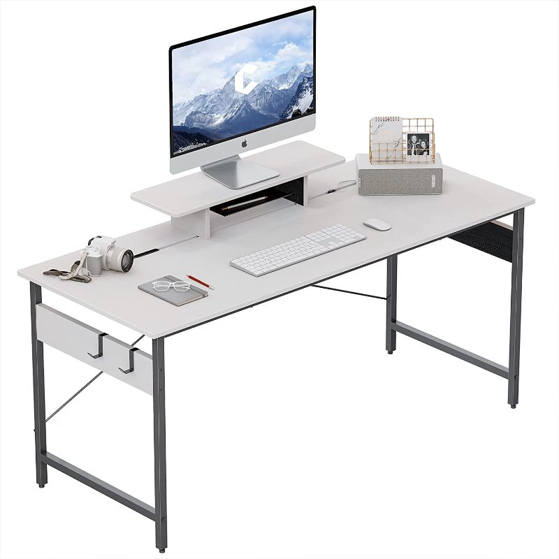 Photo 1 of Cubicubi Large Computer Desk 55 Inch Home Office Desk with Storage Table, Modern Writing Style PC Table with Mobile Phone Bracket and Hooks, White
