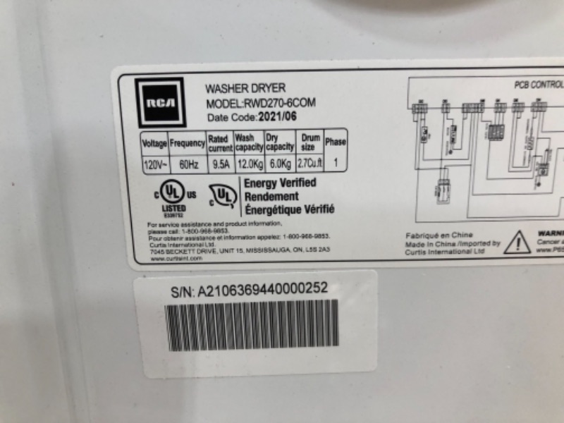 Photo 3 of PARTS ONLY 
RCA RWD270 Combo Washer Dryer, 2.7 cu ft, White
