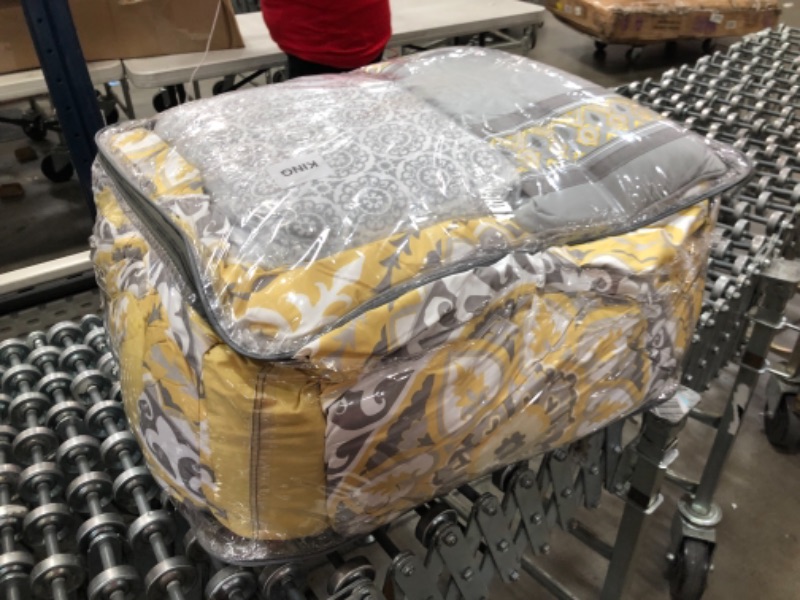 Photo 1 of Madison Park Essentials Cozy Bag Comforter, Medallion Damask Design All Season Down Alternative Complete Sheet Set, Bed Skirt, King(104"x92"), Serenity Yellow, 9 Piece
