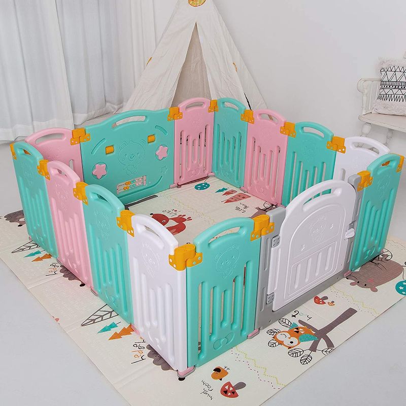 Photo 2 of Uanlauo Foldable Baby Playpen Safety Play Yard for Toddler Kids Activity Centre Indoor or Outdoor 14 Panel Multi
