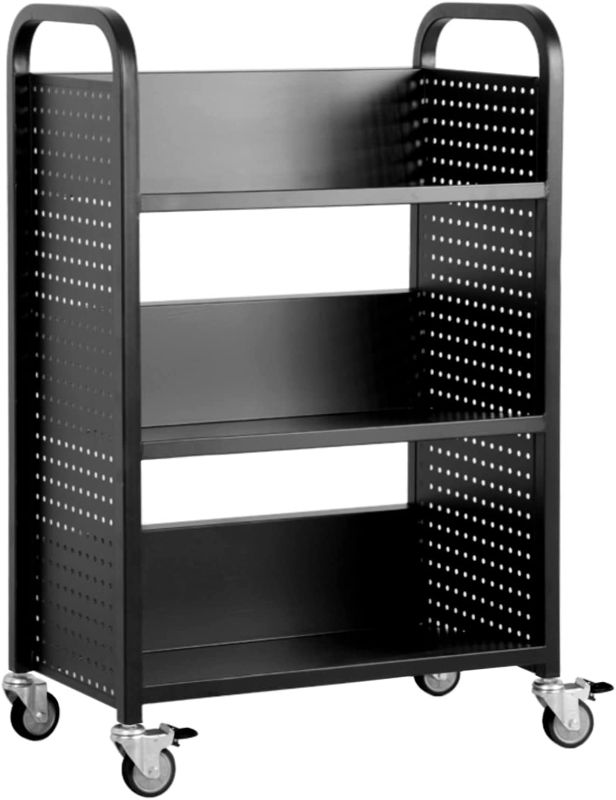 Photo 1 of **INCOMPLETE** HA Library Rolling Book Cart with 3 Flat Shelves Book Truck with Swivel Lockable Casters for Home Shelves Office and School Book Truck in Black
