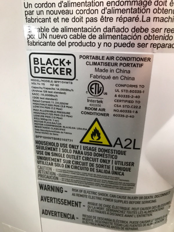 Photo 4 of **DAMAGED** Black+decker Bpp10hwtb Portable Air Conditioner with Heat and Remote Control, 10,000 BTU SACC/CEC (14,000 BTU Ashrae), Cools Up to 450 Square Feet, WH