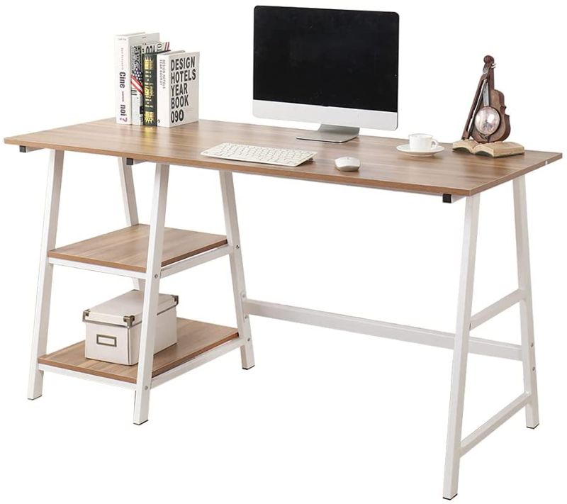 Photo 1 of 55 inches Trestle Desk Computer Desk Writing Desk Home Office Desk Hutch Workstation with Shelf Storage Desk Oak CSTplus140OKU