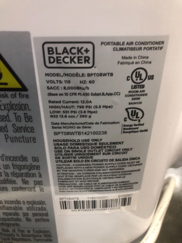 Photo 3 of BLACKDECKER BPT08WTB Portable Air Conditioner with Remote Control 8000 BTU SACCCEC 12500 BTU ASHRAE Cools Up to 350 Square Feet White