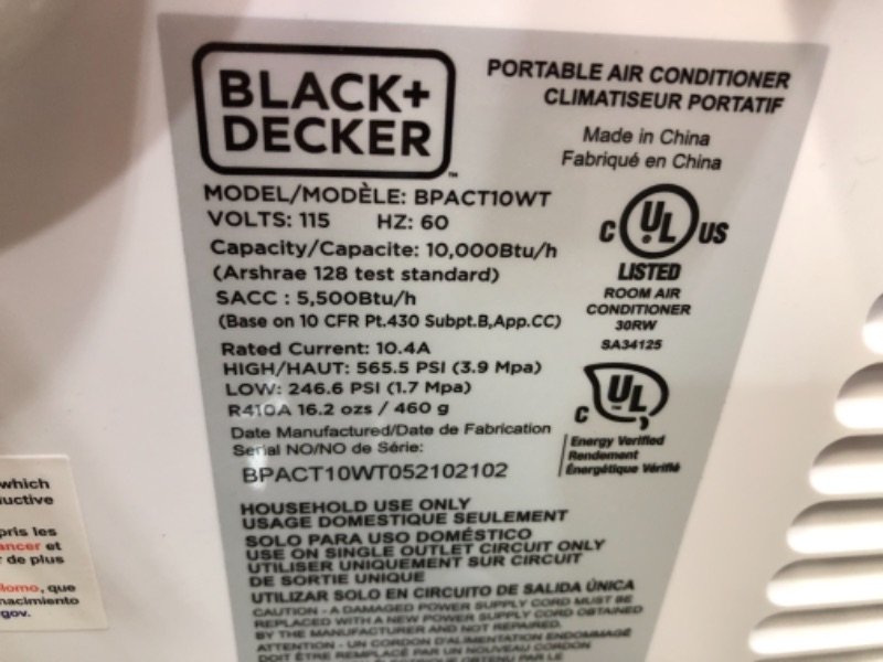 Photo 5 of BLACK+DECKER BPACT10WT Portable Air Conditioner with Remote Control, 10,000 BTU, Cools Up to 250 Square Feet, White
