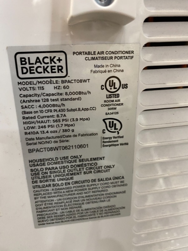 Photo 2 of **PARTS ONLY*** BLACK+DECKER BPACT08WT Portable Air Conditioner with Remote Control, 5,000 BTU DOE (8,000 BTU ASHRAE), Cools Up to 150 Square Feet, White
